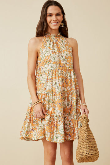 HY7119 Orange Womens Floral Print Ruffled Neck Tiered Tank Dress Front